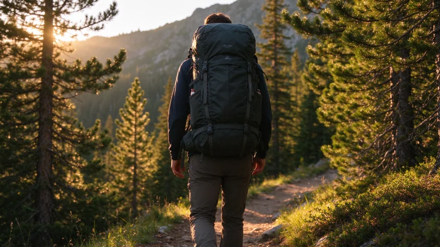 Backpacking gear arranged for a beginner overnight hiking trip