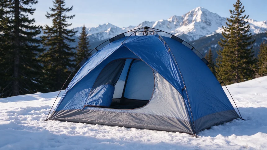 Four-season tent set up for a winter camping trip