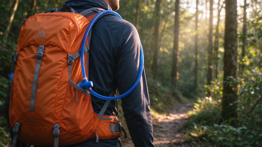 Hydration pack and reservoir prepared for a hike