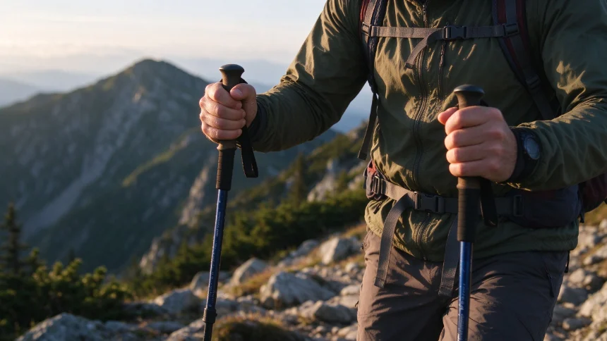 Trekking poles adjusted for a hiking route