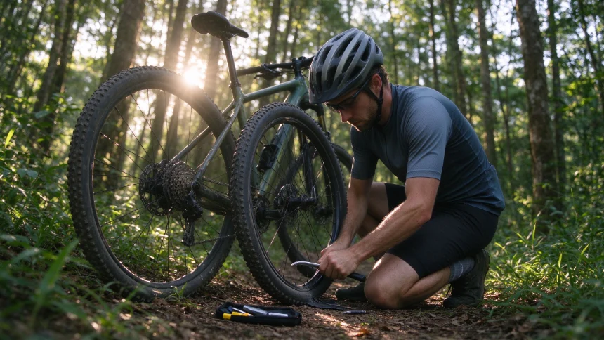 Basic bicycle repair tools prepared for a trail ride