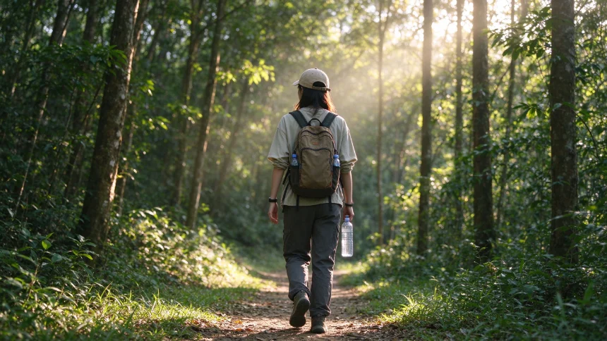 Beginner hiking gear prepared for a first trail outing