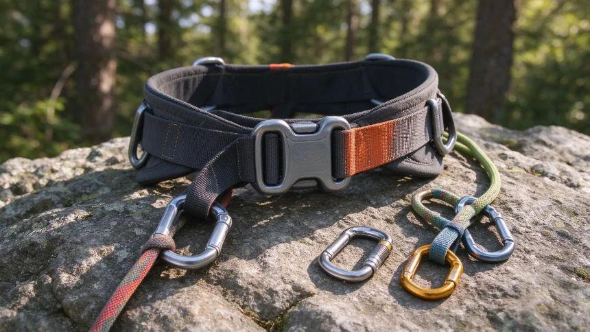 Climbing harness laid out for a careful inspection