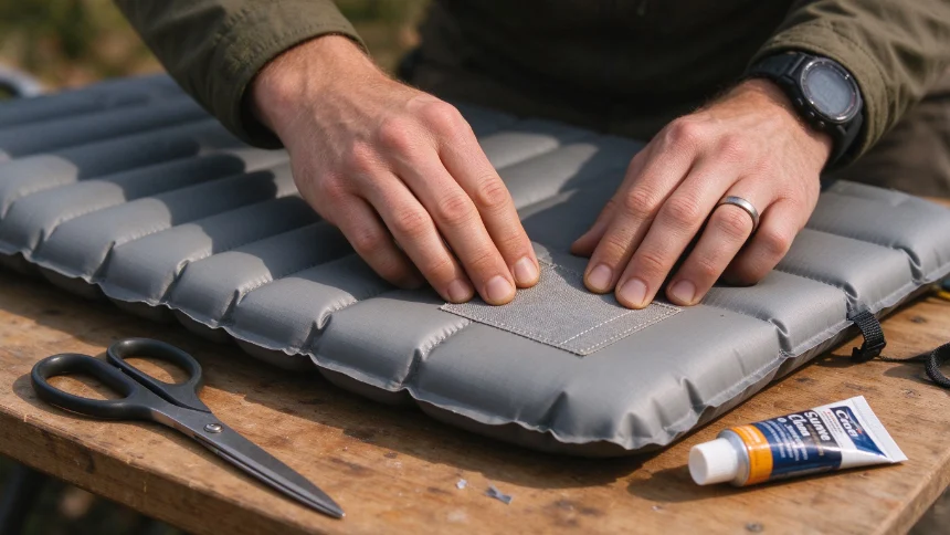 Inflatable sleeping pad being checked for a small leak