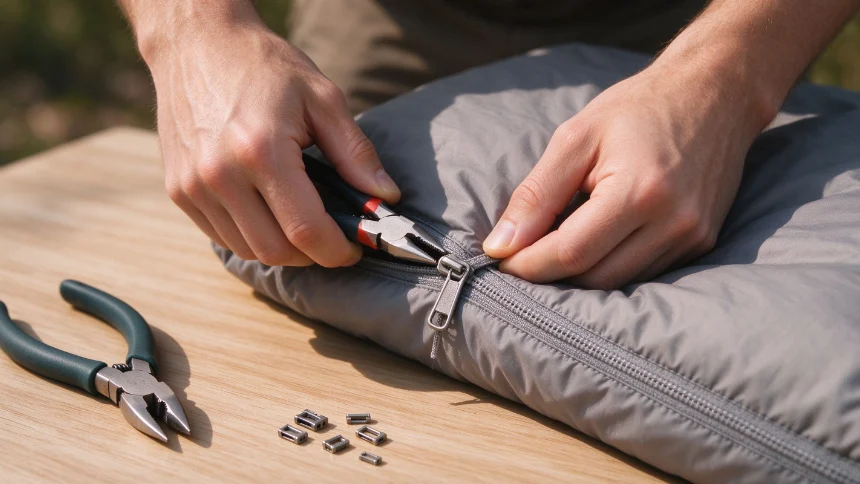 Sleeping bag zipper prepared for a small repair